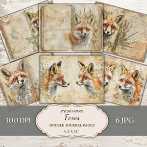 Pages de journal indésirable Fox, ensemble de papier craft, 6 JPG, animaux de la forêt, fournitures pour journal indésirable double pages, éphémères renard, art renard imprimable