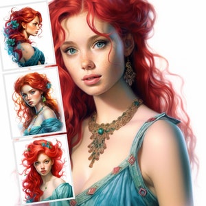 Rood haar prinses clipart, zeemeermin portretten clipart, JPG clipart, 17 JPG-afbeeldingen, aquarel illustraties, commercieel gebruik, ongewenste Journal