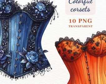 Pacchetto di clipart acquerellate di corsetti vintage, grafica di moda vittoriana (10 immagini PNG)