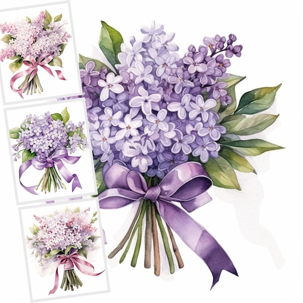 Watercolor Purple And White Lilac Bouquet Clipart JPG, JPG Clipart Bundle, Flowers For Cards And Invitations, Floral Lilac Bouquets