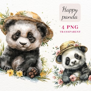 Watercolor Panda Wearing Hat Clipart, Cute Panda PNG Clipart Bundle, 4 High Quality PNG Images, Nursery Art, Printable Panda Illustration