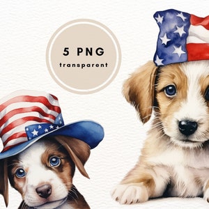 4th July Patriotic Puppies Clipart, Watercolor Clipart PNG, Clipart Bundle, Scrapbooking, Junk Journal Images, Patriotic Sublimation