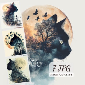 Imágenes prediseñadas de gato, imágenes prediseñadas de luna, 7 imágenes JPG de alta calidad, ilustraciones de gatos de doble exposición, arte de pared, sublimación de gatos, fabricación de tarjetas, POD permitido