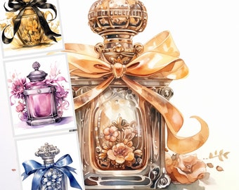 Può includere: Tre bottiglie di profumo in vetro ornate con dettagli dorati e floreali. Le bottiglie sono decorate con fiocchi e fiori. Le bottiglie sono su uno sfondo bianco.