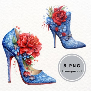 Prom Shoes with Flowers and Crystals, Watercolor Clipart JPG, Junk Journaling, Pink Blue Card Making Commercial, Use Instant Download, Cards