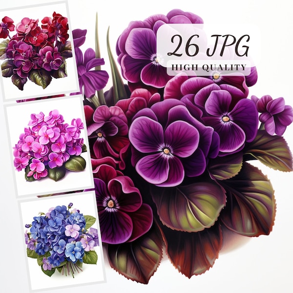 African Violets Clipart, 26 High Quality JPG Illustrations for Cards Making, Floral Baby Shower Decorations, Floral Cards, Digital Download