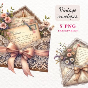 Clipart de envelope floral vintage, envelopes com renda, clipart para impressão em aquarela, 8 imagens PNG de alta qualidade, mídia mista, artesanato em papel, POD