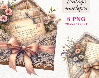 Clipart de envelope floral vintage, imagens PNG de renda em aquarela (download digital)