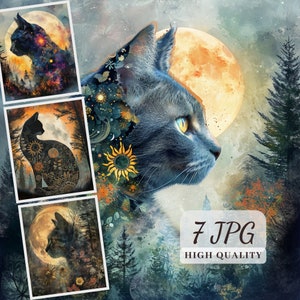 ファンタジー猫のイラスト、猫と月のクリップアート、高品質の 9 つの JPG 画像、猫の壁アート、保育園のアート、ジャンク ジャーナル、スクラップブック ペーパー、POD