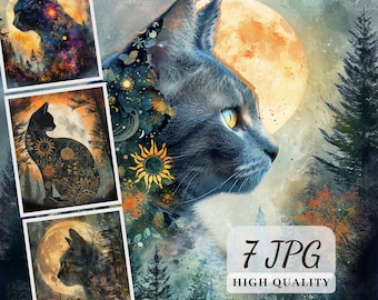 Ilustracje fantasy z kotem i księżycem, fantazyjne kliparty (JPG)