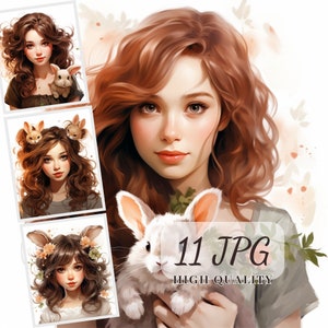 Clipart de coelhinha, 11 imagens JPG de alta qualidade, clipart de linda garota com coelhinhos, clipart de pessoas, lixo eletrônico, colagens, POD permitido