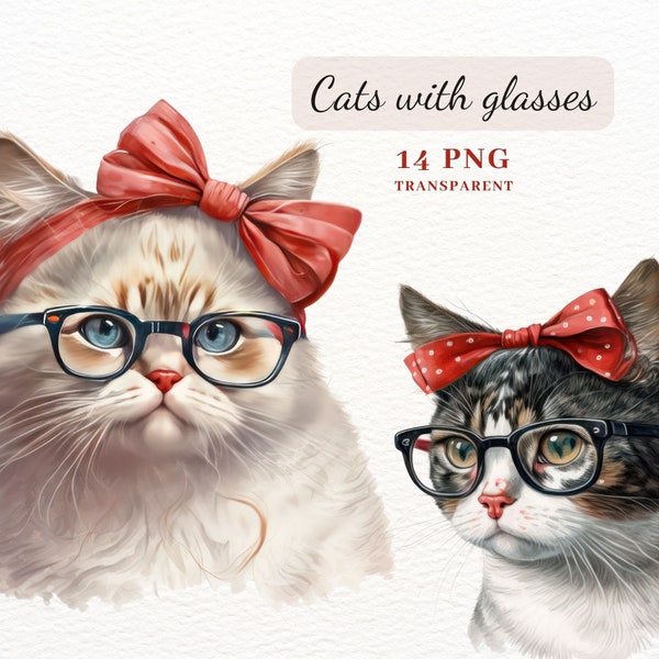 Retro Cat Clipart With Glasses, PNG Clipart Bundle, 14 PNG Images, Cats Clipart, Invitations, Cards Making, Scrapbooking, Commercial Use