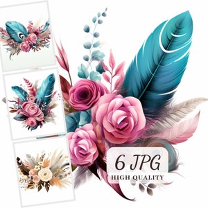 Feather Bouquet Clipart, 6 High Quality JPG Images, Flower and Feather Clipart, Wedding Bouquet Invitation Cards, Scrapbooking, Junk Journal