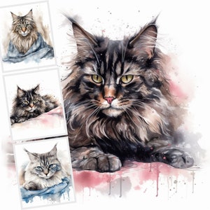 Aquarela Maine Coon Cats Clipart, pacote de clipart JPG, conjunto de 16 imagens, artesanato em papel digital, imagens de colagem, lixo eletrônico, uso comercial