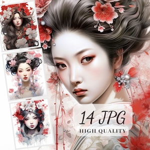 Japanese Girl Clipart, Watercolor Clipart Bundle, High Quality 14 JPG Images, Instant Download, Asian Girl Portraits, Sublimation, Scrapbook