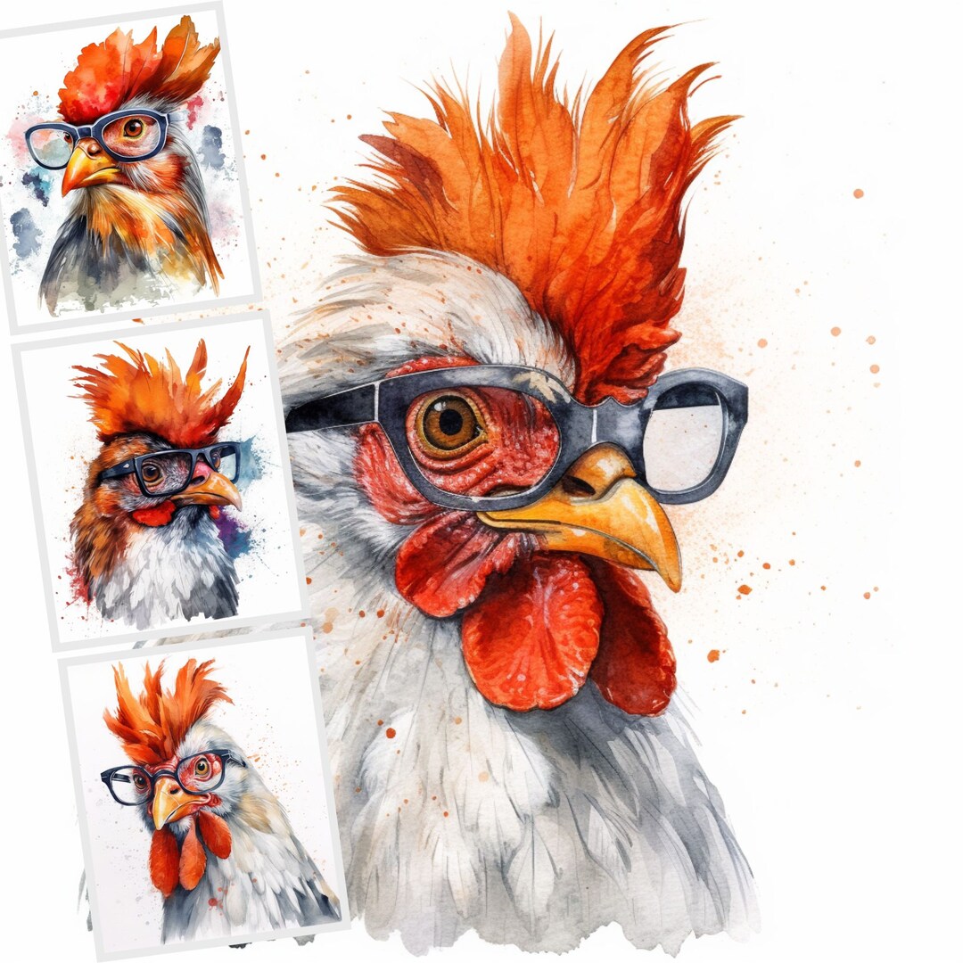 Rooster With Glasses JPG Clipart Bundle, Farm Birds Clipart (commercial ...