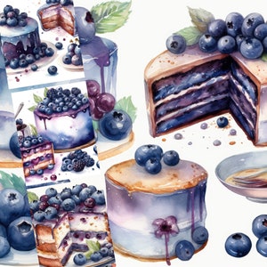 Watercolor Blueberry Cake Clipart, 12 Digital JPG Files, Birthday berry Cake Clipart, Instant Download, Commercial Use, Party Clipart