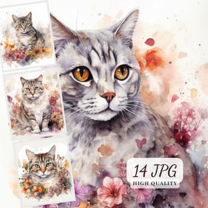 Floral Cats Clipart, 14 High Quality JPG Illustrations of a Cat, Images for Scrapbooking, Cards Making, Pet Illustrations, Cat Sublimation