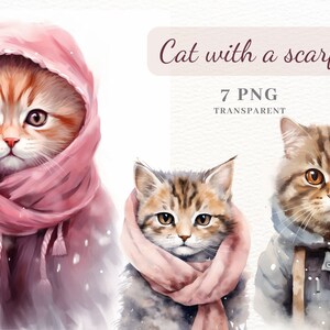 Kat met sjaal clipart, hoge kwaliteit 7 PNG-afbeeldingen voor Paper Crafts, Mixed Media, POD toegestaan, Digital Art Graphics voor commercieel gebruik