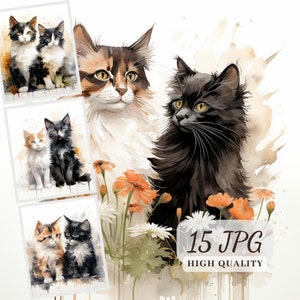 Clipart de casal de gatos, imagens de gatos de várias cores, 15 ilustrações JPG para confecção de cartões, sublimação, download digital, uso comercial