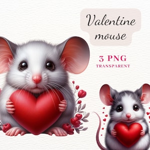 Lindas imágenes prediseñadas del ratón del día de San Valentín, imágenes prediseñadas del ratón con el corazón, imágenes prediseñadas del feliz día de San Valentín, 3 imágenes PNG de alta calidad, paquete de imágenes prediseñadas PNG