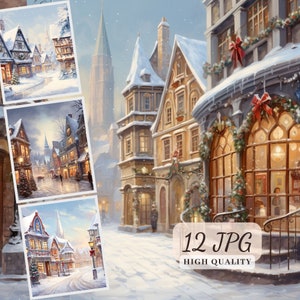 Christmas Street Illustrations, 12 High Quality JPG Images, Winter Holiday Scenery for Making Cards, Gift Wrapping Paper, Junk Journal