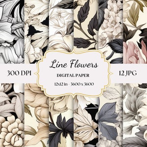 Papel digital de flores de linha para scrapbook, imagens de colagem, diário floral, flores vintage imprimíveis, papel digital sem costura, fabricação de cartões