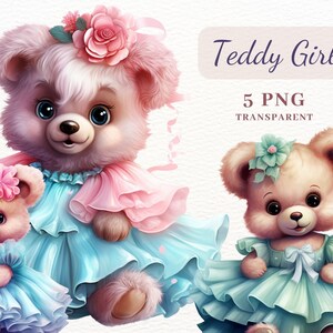 Teddy Bear Girl clipart, Teddy in a Dress PNG, PNG Clipart Bundle,  Cute Teddy Clipart, Cute Animals Clipart, Teddy Sublimation, Card Making