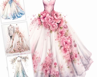 Watercolor Wedding Dresses Clipart, 18 JPG clipart Bundle, Floral Dresses Instant Download For Commercial Use, Wedding Invitations, Cards