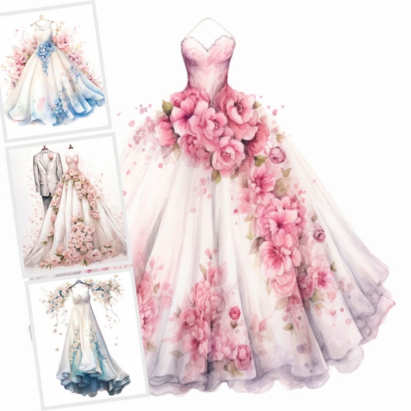 Watercolor Wedding Dresses Clipart, 18 JPG clipart Bundle, Floral Dresses Instant Download For Commercial Use, Wedding Invitations, Cards