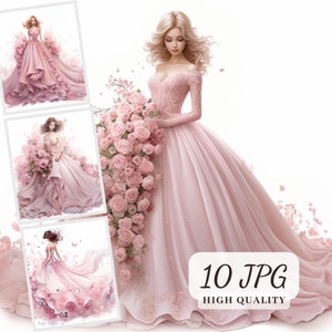 Roze trouwjurk clipart, mooie bloemen galajurken, bruiloft clipart bundel, 10 afbeeldingen van hoge kwaliteit voor scrapbooking, uitnodigingskaarten