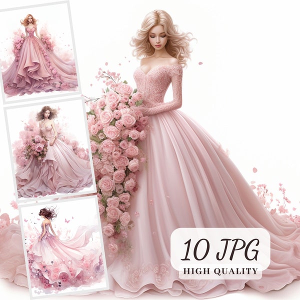 Pink Wedding Dress Clipart, Beautiful Floral Prom Dresses, Wedding Clipart Bundle, 10 High Quality Images for Scrapbooking, Invitation Cards