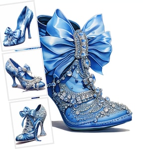 Prom Wedding Shoes, Blue Shoes, Glamorous Fashion Watercolor Clipart JPG, 19 immagini, Creazione di carte, Uso commerciale, Download digitale