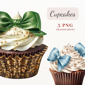 Hübsche Cupcakes Clipart, Cupcakes mit Schleifen, Clipart-Bundle, Cupcakes PNG Clipart Bundle, Erinnerungsbuch, Junk Journals, Sammelalben, Tassen-Design