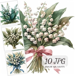 Lily of Valley Clipart, 10 High Quality Images, Printable Watercolor Clipart, Spring Illustrations, Digital Download, Commercial Use, POD