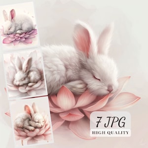 Clipart de lindos coelhinhos dormindo, 7 ilustrações JPG de alta qualidade para confecção de cartões, scrapbooking, download digital, uso comercial