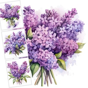 Clipart lilás aquarela JPG, flores roxas, pacote de clipart JPG, flores aquarela para cartões e convites, buquês florais lilás