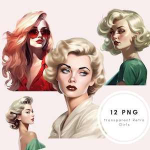 Retro Girls Clipart - 12 PNG Clipart Bundle, żywe kolory obrazów, pobieranie cyfrowe, wykorzystanie komercyjne, Retro style women clipart