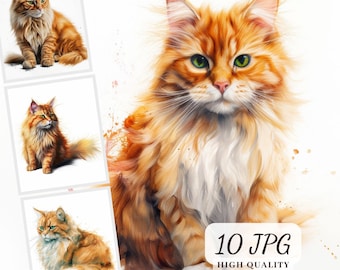 Ginger Cat Clipart, Watercolor Style, Commercial Use (Digital Download)