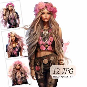 Clipart fille bohème, 12 images de filles JPG de haute qualité pour pages de journal indésirable, papiers de scrapbooking, fabrication de cartes, téléchargement numérique, sublimation