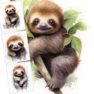 Baby Sloth Clipart, JPG Clipart Bundle, 24 Sloth Images, Sloth Watercolor, Junk Journaling, Commercial Use, Digital Download, Sublimation