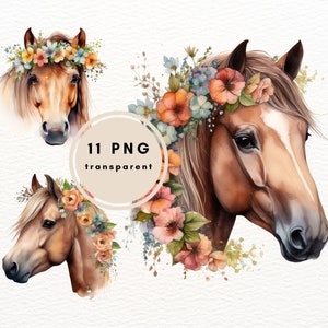 水彩花柄馬クリップアート、PNG クリップアート バンドル、11 個セット、水彩花柄馬 PNG、カード作成、ウォール アート、花柄馬 PNG、デジタル PNG