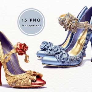 Zapatos de fiesta de lujo con cristales, imágenes prediseñadas fotorrealistas de glamour PNG, diario basura, uso comercial de tarjetas, descarga digital
