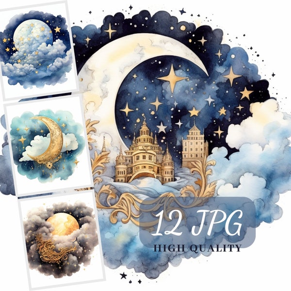 Moon Clipart, Cloudy Moon Clipart, 12 High Quality JPG Images, Moon Illustration, Vintage Moon And Clouds Sublimation, Scrapbooking, Cards