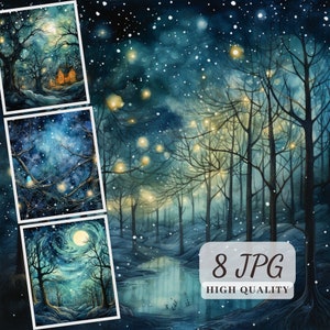 Clipart de noite mágica, 8 imagens de alta qualidade da noite, noite estrelada, clipart de paisagem, download digital, criação de cartões, Junk Journal