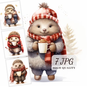 Bundle de cliparts hérissons d'hiver, 7 images de haute qualité, illustrations d'animaux de la forêt pour la fabrication de cartes, scrapbooking, sublimation, POD