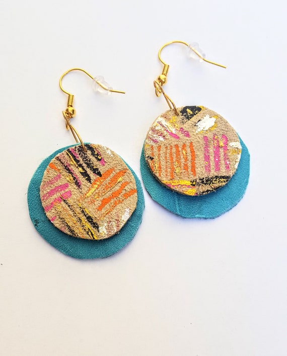 Hand painted recycled leather earrings