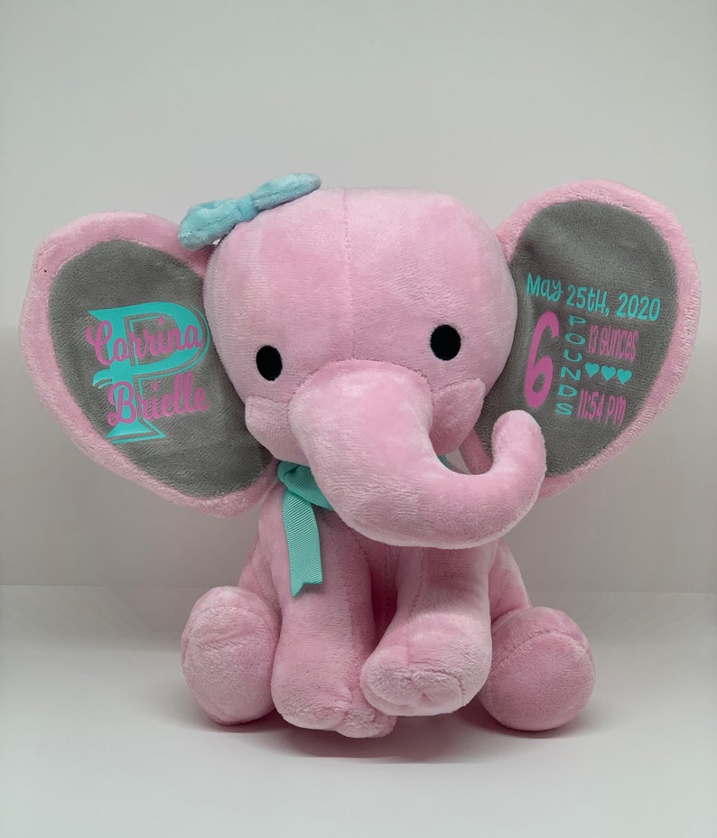 Birth info baby gift pink elephant with bow Etsy