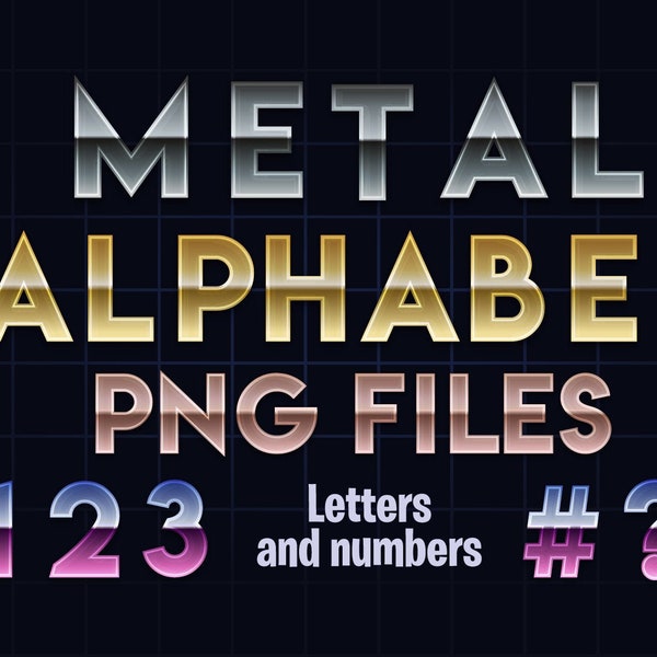 Metal Clip Art Alphabet - Metallic Letters, numbers + 3 glyphs - chrome, gold, rose gold, pink blue - png files - Instant Download