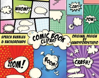 Comic Book Clipart Set - 26 Piece ClipArt Collection - 8 Digital Papers - Instant Download